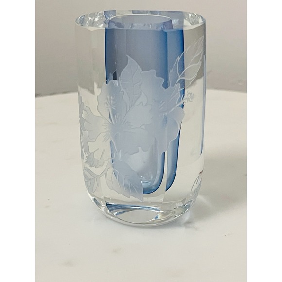 Other - Vintage Perry Coyle Etched Glass Ice‎ Blue Floral Vase Signed